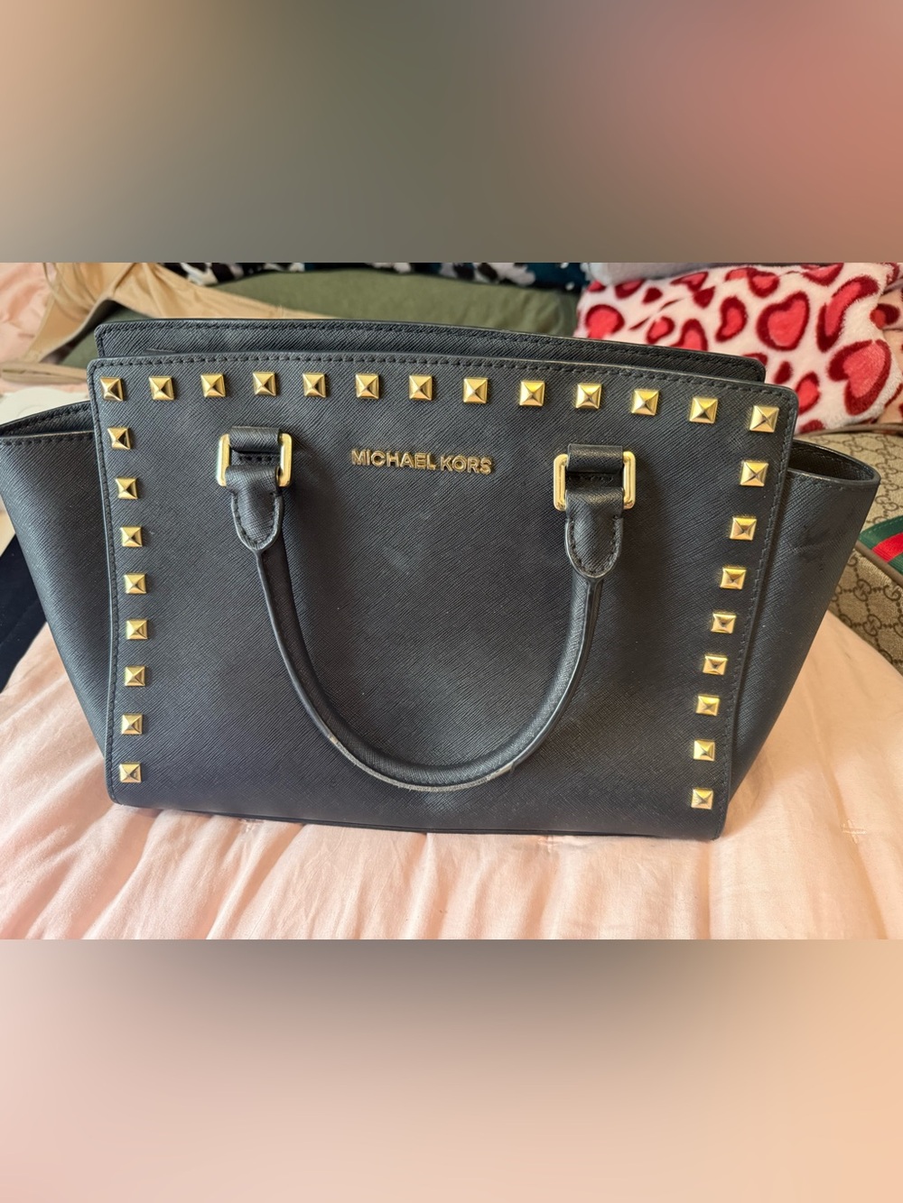 Michael Kors Black Saffiano Satchel with Gold Stud Accents